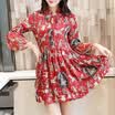 Long Yue Women&39s temperament high waist printing dress trumpet sleeve collar collar high waist skirt LWQZ173405 red L