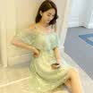 sustory ladies 2017 summer new sexy nightclub strapless dress skirt small fresh fairy lace floral chiffon dress female summer SU279 light green S