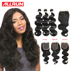 7A Human Hair Bundles With Closure Brazilian Body Wave 3 Bundles With Closure Brazilian Virgin Hair With Closure 1B Color 44 Lace