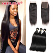 Brazilian Virgin Hair Bundels Straight Hair Unprocessed Remy Human Hair 3 Bundles with 44 Lace Closure Free Middle 3Part