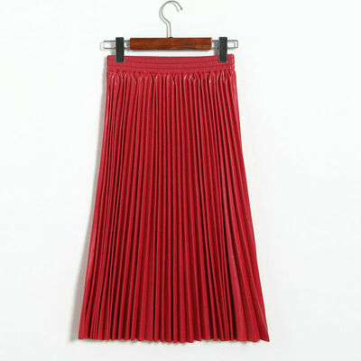 Fashion New Womens High Waisted PU Leather Plain Jersey Maxi Dress Pleated Skirt