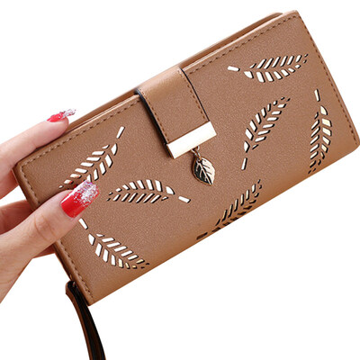 Women Hollow Leaf Faux Leather Zipper Clutch Purse Long Wallet Cash Card Holder