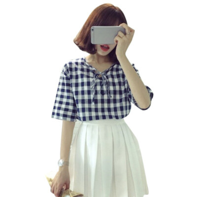 Fashion Lace Up Plaid Strip Shirts Women Lattice Short Sleeve Shirt Summer Ladies Casual V-neck Cropped Blouses Women Tops
Fashion Lace Up Plaid Strip Shirts Women Lattice Short Sleeve Shirt Summer Ladies Casual V-neck Cropped Blouses Women Tops