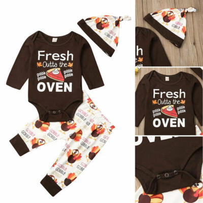 Newborn Baby Boys Thanksgiving Romper Pants Hat Cotton Outfit Autumn Clothes Set