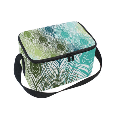 ALAZA Insulated Lunch Box Feathers Green Lunch Bag for Men Women Portable Tote Bag Cooler Bag