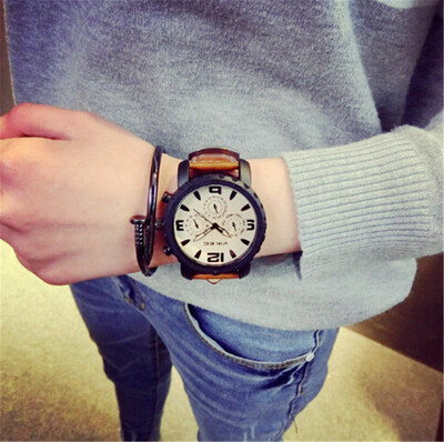 Fashion Mens Womens Couple Gear Large Dial Leather Band Quartz Wrist Watch Gym