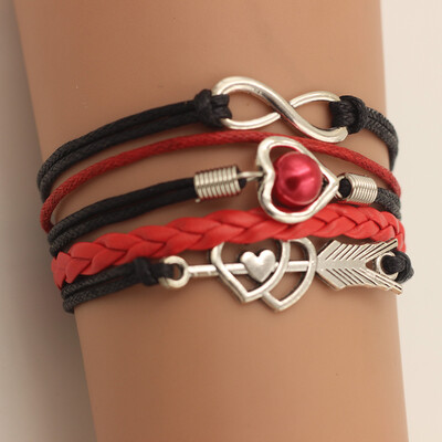 Fashion Multi-layer Alloy Leather Heart-shaped Cupid Arrow Woven Bracelet for Women Jewelry