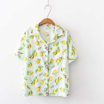 Starmoon Fashion Women Top Lapel Lemon Printing Shirt Short Sleeve Loose Blouse