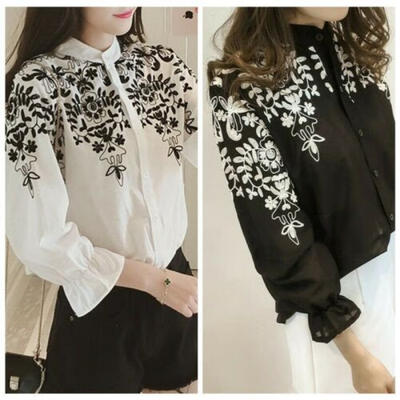 Fashion Women Spring Summer Long Sleeve Flower Embroidery Blouses T-shirt Tops