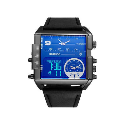 Mens Stylish Multiple Time Zone Watch Fashion Square Watch 30M Water Resistance