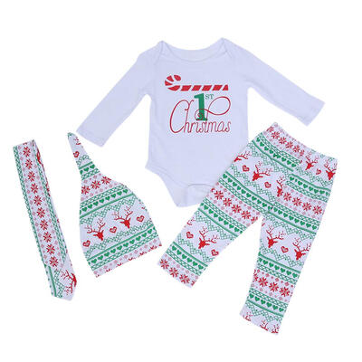 4pcs Baby Outfits Clothes Set Christmas Elk Print Romper Pants Hat Headband