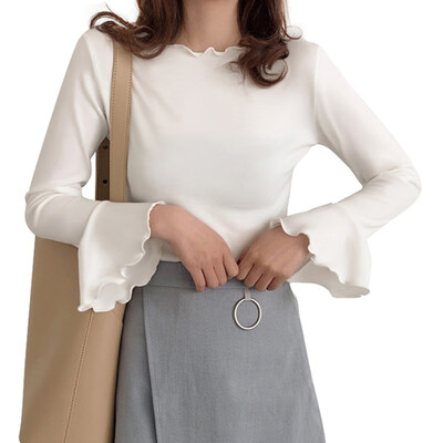 Summer Ruffled Neckline Trumpet Sleeves Slim Bottoming Shirt style Design Simple Solid Color Womens T-shirt
Summer Ruffled Neckline Trumpet Sleeves Slim Bottoming Shirt style Design Simple Solid Color Womens T-shirt