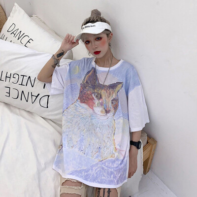 Women Loose T-shirt Cat Print Harajuku Style Kawaii Tee Streetwear Hip Hop Ladies Cotton Tshrit Tops
Women Loose T-shirt Cat Print Harajuku Style Kawaii Tee Streetwear Hip Hop Ladies Cotton Tshrit Tops