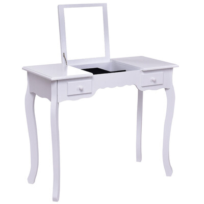 Mirrored Bathroom Dressing Vanity Table Set w Stool-White
