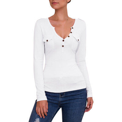 Women Bottoming Tops Long Sleeve T-shirt Black White Solid Color V neck Buttons Spring Autumn Tee Fall 2019 Tshirt
Women Bottoming Tops Long Sleeve T-shirt Black White Solid Color V neck Buttons Spring Autumn Tee Fall 2019 Tshirt