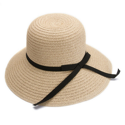 Floppy Foldable Ladies Women Straw Beach Sun Summer Hat Beige Wide Brim