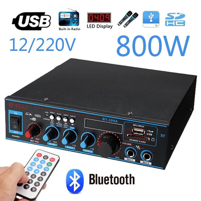 Peak Power 800W BT-309A 12V 220V 2CH HIFI LCD Display Audio Stereo Power Amplifier Bluetooth FM Radio Car Moto Home Karaoke
Peak Power 800W BT-309A 12V 220V 2CH HIFI LCD Display Audio Stereo Power Amplifier Bluetooth FM Radio Car Moto Home Karaoke
