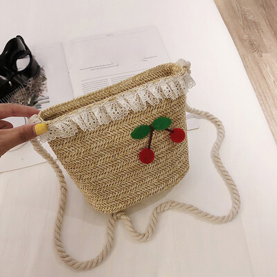 Tailored Female Straw Bag Cherry Bucket Bag Small Fresh Lace Shoulder Messenger Bag