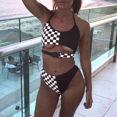 Women Two Pieces Swimsuit Hollow Out Checks Print Halter Bikini Set Bathing Swimwear
Women Two Pieces Swimsuit Hollow Out Checks Print Halter Bikini Set Bathing Swimwear