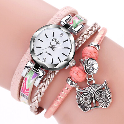 Round Owl Table Cute Owl Pendant Surround Watch Small Twist PU Bracelet Watch