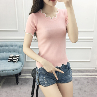 Summer Fashionable Design Ladylike Temperament Wavy-shaped Neckline Blouse Solid Slim Short-sleeved Knit Womens Top
Summer Fashionable Design Ladylike Temperament Wavy-shaped Neckline Blouse Solid Slim Short-sleeved Knit Womens Top
