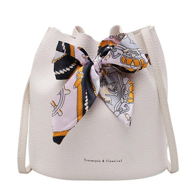 Lichee Pattern Women Drawstring Bag Bucket Bags Bowknot Silk Ribbon Decor