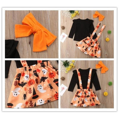 Cute Baby Girl Solid Color Long Sleeve T-Shirt Top Halloween Pumpkin Ghost Bats strap dress Headband 3 Piece Set
Cute Baby Girl Solid Color Long Sleeve T-Shirt Top Halloween Pumpkin Ghost Bats strap dress Headband 3 Piece Set