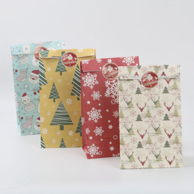 12Pcs\Set Christmas Pattern Food Bag Catering Oil-Proof Kraft Paper Packaging Paper Bag