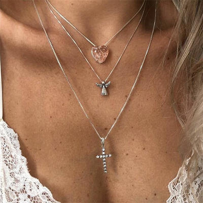 Romantic Lady Necklaces Pink Crystal Heart Angel Cross Pendant Multilayer Silver Necklace Set Girl Beautiful Valentines Day Gift
Romantic Lady Necklaces Pink Crystal Heart Angel Cross Pendant Multilayer Silver Necklace Set Girl Beautiful Valentines Day Gift