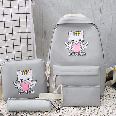 Tailored Cartoon Alphabet Student Cat Backpack Casual Large Capacity Travel 4 Piece Set
