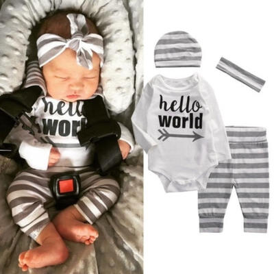 4pcs Newborn Baby Boy Girl Hello World Romper BodysuitPants Outfits Set Clothes 0-18M
4pcs Newborn Baby Boy Girl Hello World Romper BodysuitPants Outfits Set Clothes 0-18M