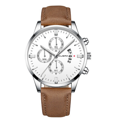 Gobestart Mens Fashion Sport Stainless Steel Case Leather Band Quartz Analog Wrist Watch