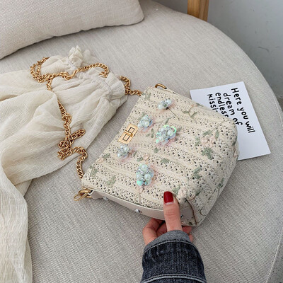 Tailored Womens Fashion Pearl Appliques Woven Shoulder Bag Solid Woven Bag Beach Bag