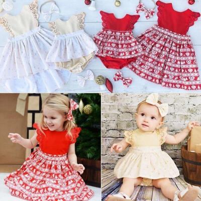 Christmas Baby Girls Toodler Kids Xmas Lace Romper Dress Party Dresses Gift