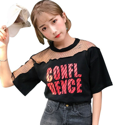 Letter Printed Round Neck Short Sleeve T Shirts Women Sexy Mesh Hollow Out Tshirt Korean Casual Loose Tops Female
Letter Printed Round Neck Short Sleeve T Shirts Women Sexy Mesh Hollow Out Tshirt Korean Casual Loose Tops Female