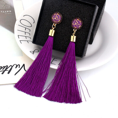 Fashion Bohemian Crystal Rose Flowers Earring Silk Fabric Long Statement Earrings Tassel Dangle Drop Earrings for Women Jewelry