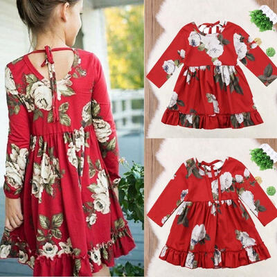 Floral Toddler Baby Kids Girls Long Sleeve Flower Party Dress Sundress