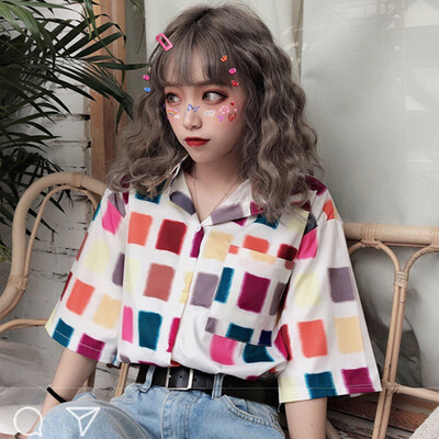 Retro Short Sleeve Colorful Plaid Print Women Blouses And Tops Turn-down Collar Button Women Blouses Casual Top
Retro Short Sleeve Colorful Plaid Print Women Blouses And Tops Turn-down Collar Button Women Blouses Casual Top