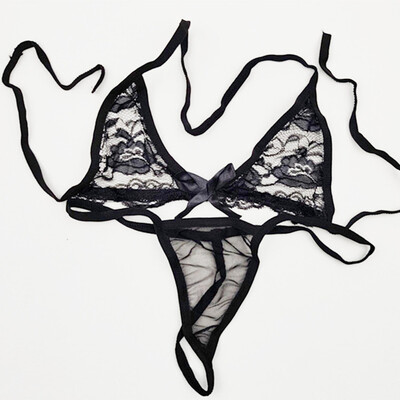 Womens Thin Lace Tie Up Halter Bra Low Waist Breathable Panties Underwear Set