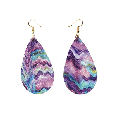 Fashion Faux Leather Glitter Rainbow Water Drop Dangle Hook Earrings Jewelry