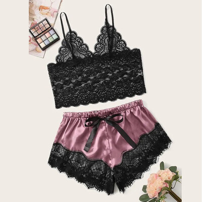Gobestart New Women Lace Satin Wireless Bra Camisole Pajamas Sleepwear Bowknot Shorts Set 
Gobestart New Women Lace Satin Wireless Bra Camisole Pajamas Sleepwear Bowknot Shorts Set