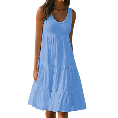 Posed Beach Dress Sleeveless Round Collar Stitching