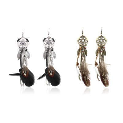 Black Feather Feather Dream Catcher Boho Hippie Earrings Native American Jewelry Style