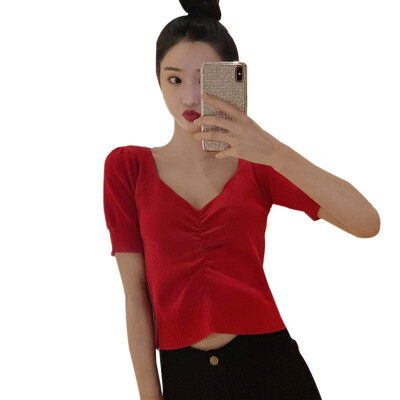Summer Women T Shirt Solid Color Short Sleeve Casual Knitted T-Shirt Sexy V Neck Puff Sleeve Women Tshirt camiseta mujer
Summer Women T Shirt Solid Color Short Sleeve Casual Knitted T-Shirt Sexy V Neck Puff Sleeve Women Tshirt camiseta mujer