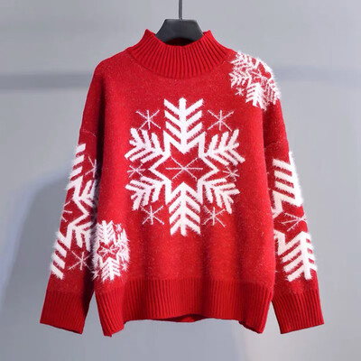Tailored Womens Snowflake Print Sweater Long Sleeve Turtleneck Sweater Top