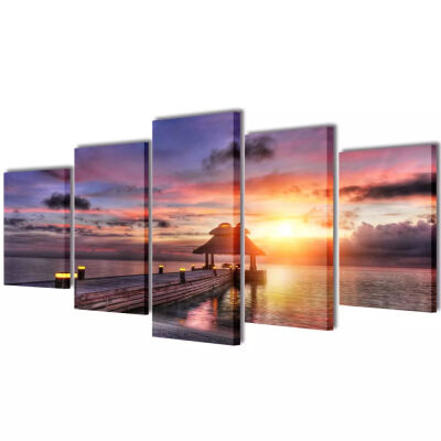 Canvas Wall Print Set Beach with Pavilion 39" x 20