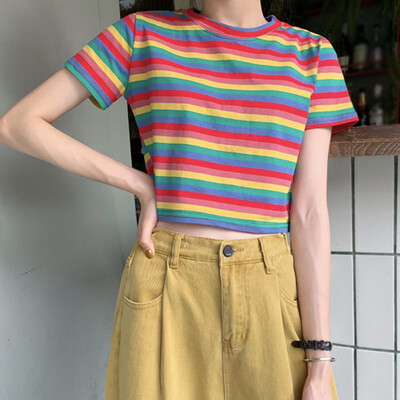 New Summer Womens T Shirt Fashion Casual Style Round Neck Rainbow Striped Tees Short Sleeve T-Shirt Top Slim Women T-Shirt
New Summer Womens T Shirt Fashion Casual Style Round Neck Rainbow Striped Tees Short Sleeve T-Shirt Top Slim Women T-Shirt