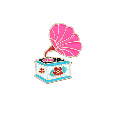 Pink retro gramophone&purple flower drop oil cartoon brooch badge