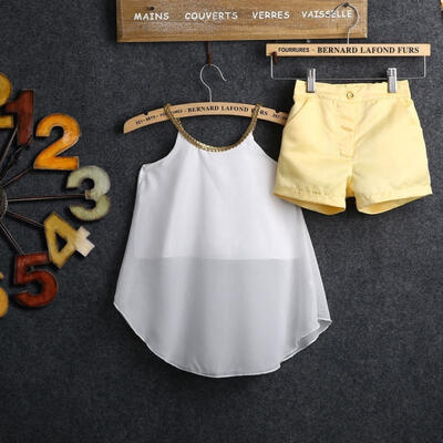Hot 2PCS Kids Girls Chiffon Woven Straps Tops Shirt Hot Shorts Outfits 2-11Y PF