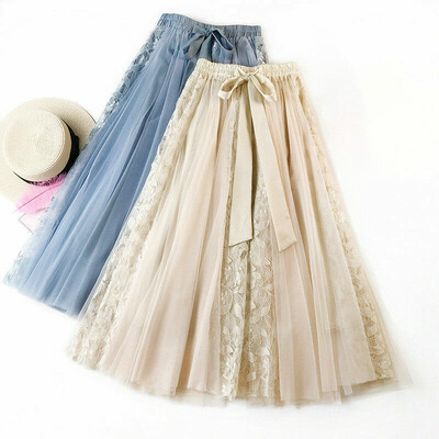Lady Lace Floral Mesh A-Line Midi Tulle Layered Fairy Swing Cute Long Skirt